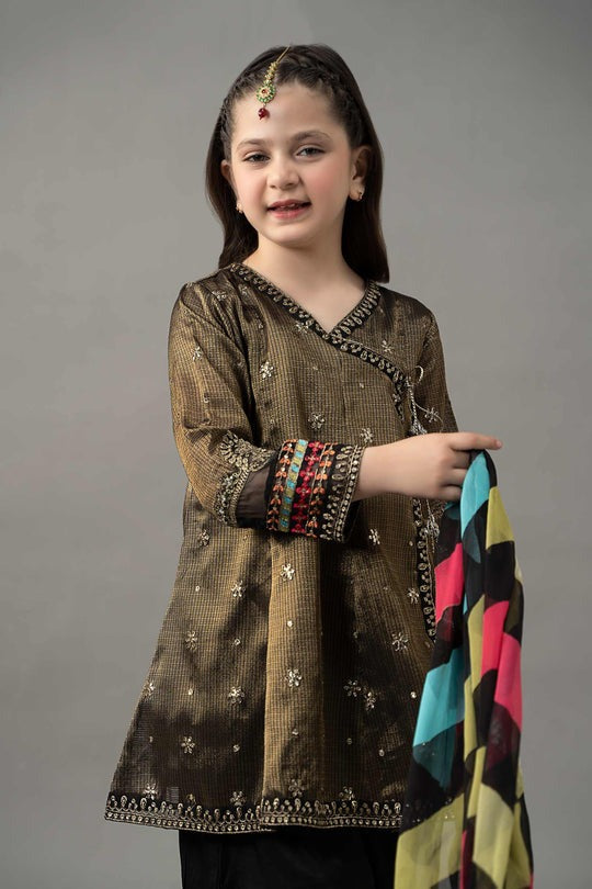 3 Piece Embroidered  Zari Net Cotton Suit Girl