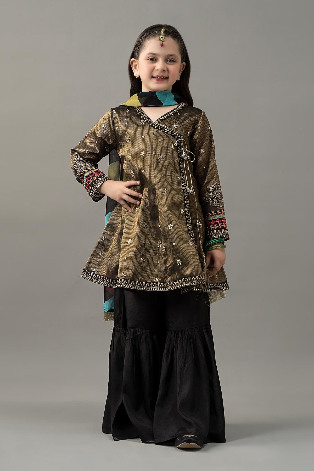 3 Piece Embroidered  Zari Net Cotton Suit Girl